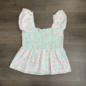 Vineyard Vines Sleeveless Seersucker Floral Smocked Top Sz‎ XL Coastal Cottage